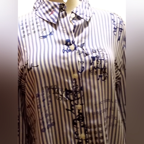 Chico’s - NWT- HI/Lo,  Long Sleeve Blue White Stripe Print Peplum Shirt, Size- 1 - Picture 7 of 13
